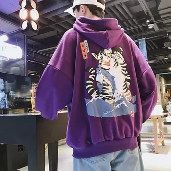 

Fashion Men Streetwear Funny Cat Hooded Hoodies 2019 Mens Hip Hop Harajuku Sweatshirts Male Korean Fashions Purple Hoodie INS