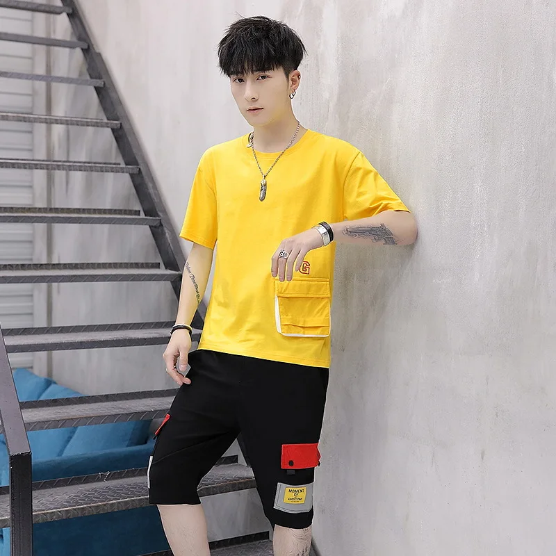 

Summer New Style Popular Brand Short Sleeve T-shirt Suit Teenager Shorts Workwear 5 Pants Set Men's