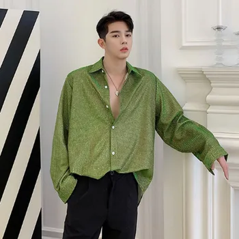 

Homens brilhantes tecer manga longa camisas casuais masculino japão estilo coreano vestido de palco camisas de boate roupas