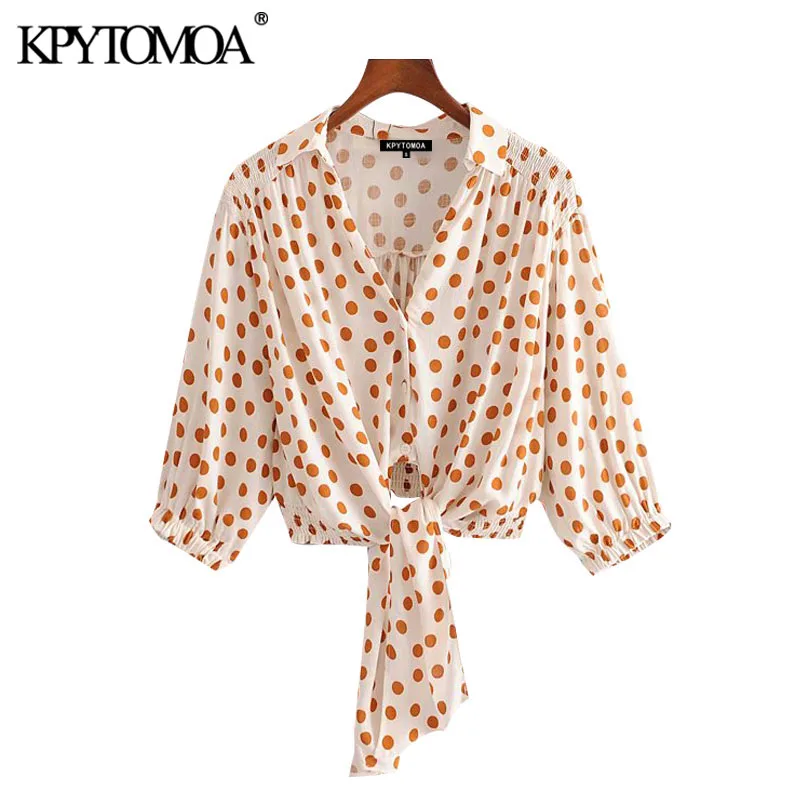 KPYTOMOA Women 2020 Fashion With Bow Tied Polka Dot Cropped Blouses Vintage Elastic Hem Button-up Female Shirts Chic Tops KPYTOMOA Women 2020 Fashion With Bow Tied Polka Dot Cropped Blouses Vintage Elastic Hem Button-up Female Shirts Chic Tops