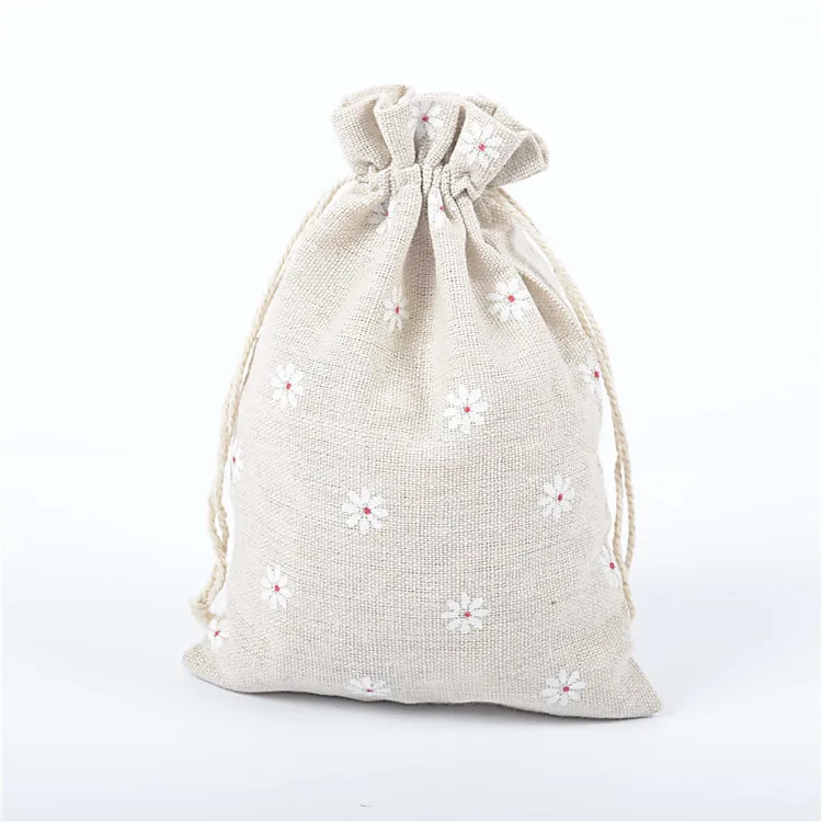 White daisy 10 шт., 10*14 см, с принтом, хлопок, лен, пачка, карман, с рисунком, на шнурке, сумка из мешковины, для конфет, ювелирных изделий, орехов, печенья, вечерние сумки, сувениры - Цвет: White daisy