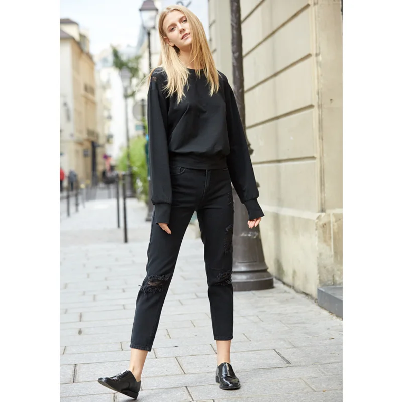 Amii минималистичные женские джинсы cec с высокой талией, осенние новые хлопковые прямые Узкие повседневные штаны - Цвет: black