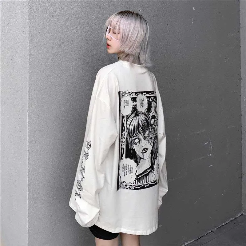NiceMix/женская футболка с изображением персонажей из мультфильма «ужас», свободные футболки в японском стиле в стиле панк, пуловер, Топ в стиле Харадзюку, уличные футболки