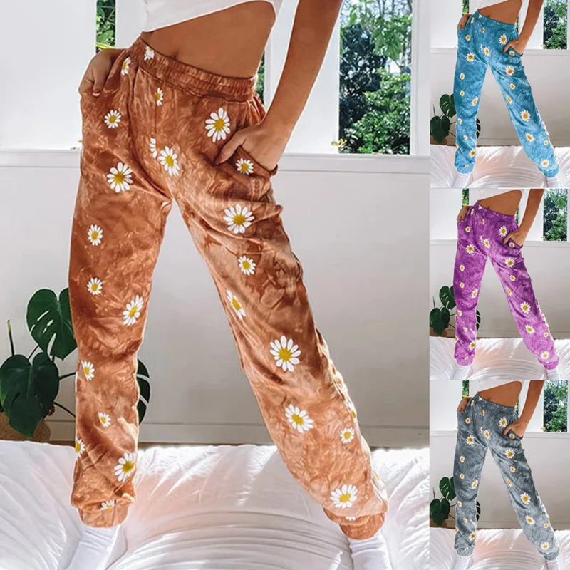 

2020 Women Jogger Pants Tie Dye Daisy Pant High Waist Streetwear Loose Straight Trousers Korean Harajuku Sweatpants AutumnWinter