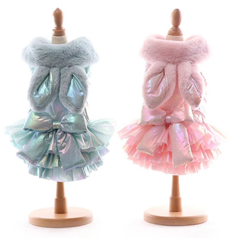 

Thick Dog Vest Skirt Pet Clothes Cute Hooded Rabbit Ears Princess Lace Cats Dress Winter Warm Puppy Cotton Padded Jacket Coats