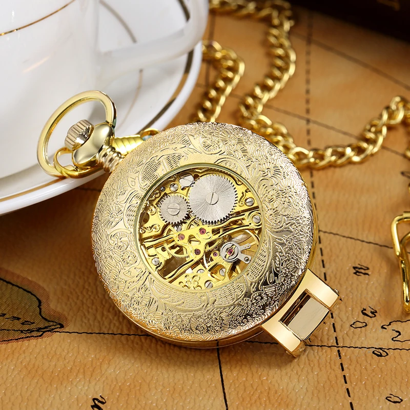 Retro Golden Hollow Skeleton Mechanical Pocket Watch Mens Fob Chain Steel Exquisite Sculpture Women Pocket