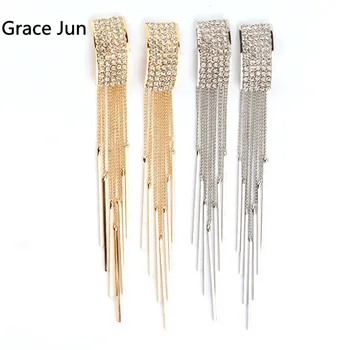 

New Arrival Luxury Bridal Rhinestone Square Shape Tassel Clip on Earrings Non Piercing for Women Big Statement Clip Earrings