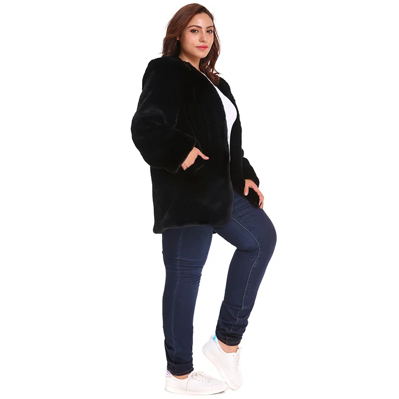 Женская пушистая куртка 5XL 6XL размера плюс пальто из искусственного меха с капюшоном Длинная одежда с рукавами зимняя теплая меховая длинная парка пальто черного цвета