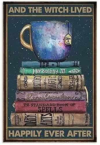 

Witch Metal Tin Sign,and The Witch Lived Happily with Books,Retro Iron Painting for Home Hotel Bar Cafe Outdoor Wall Decoration