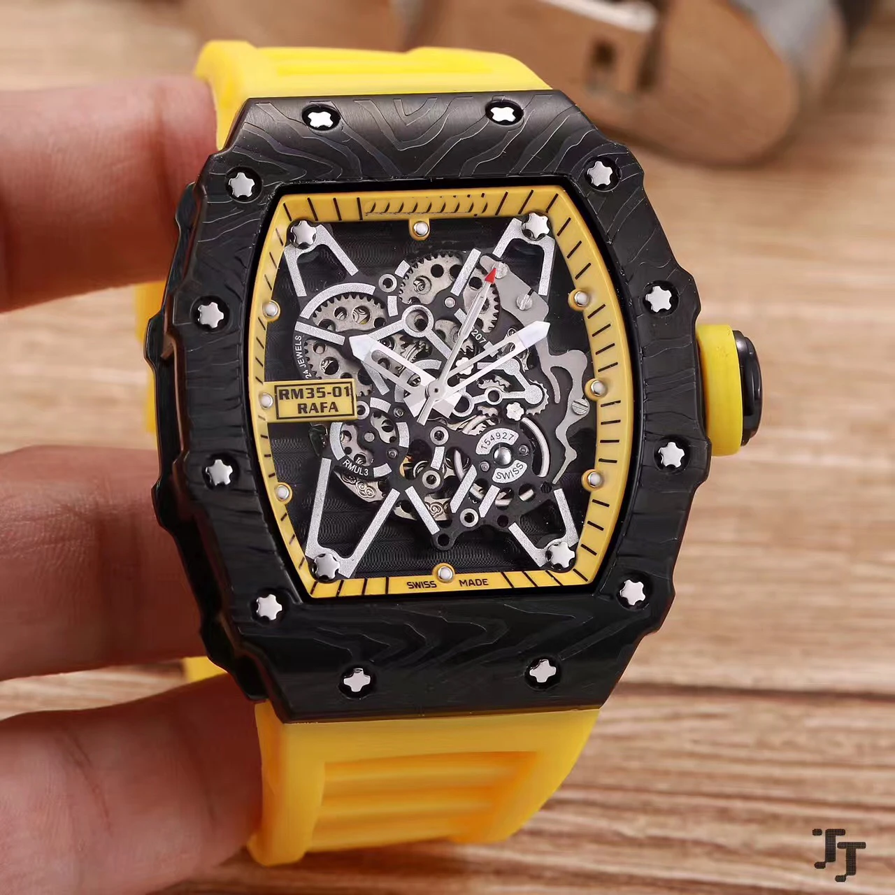 Yellow Роскошные брендовые новые мужские часы с резиновым сапфиром из нержавеющей стали 904L автоматические механические полностью черные часы с каркасом Tourbillion AAA - Цвет: Yellow