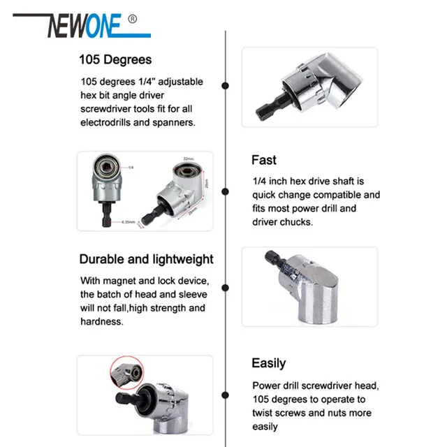 ADATTATORE ANGOLATO 105 GRADI - Estensione Per Cacciaviti E Trapano, Attacco 1/4" Esagonale, Per Spazi Stretti - Foto 3