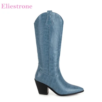 

2020 Winter New Fashion Blue Black Women Mid Calf Riding Boots Sexy High Chunky Heels Lady Dress Shoes Big Size 12 43 45 48