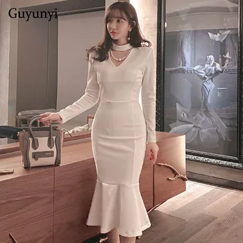 

Plain Elegant Office Dress 2020 Spring Small Sexy Hollow Stand-Up Collar High Waist Slim Tight Fishtail Hem Party Women's Dress