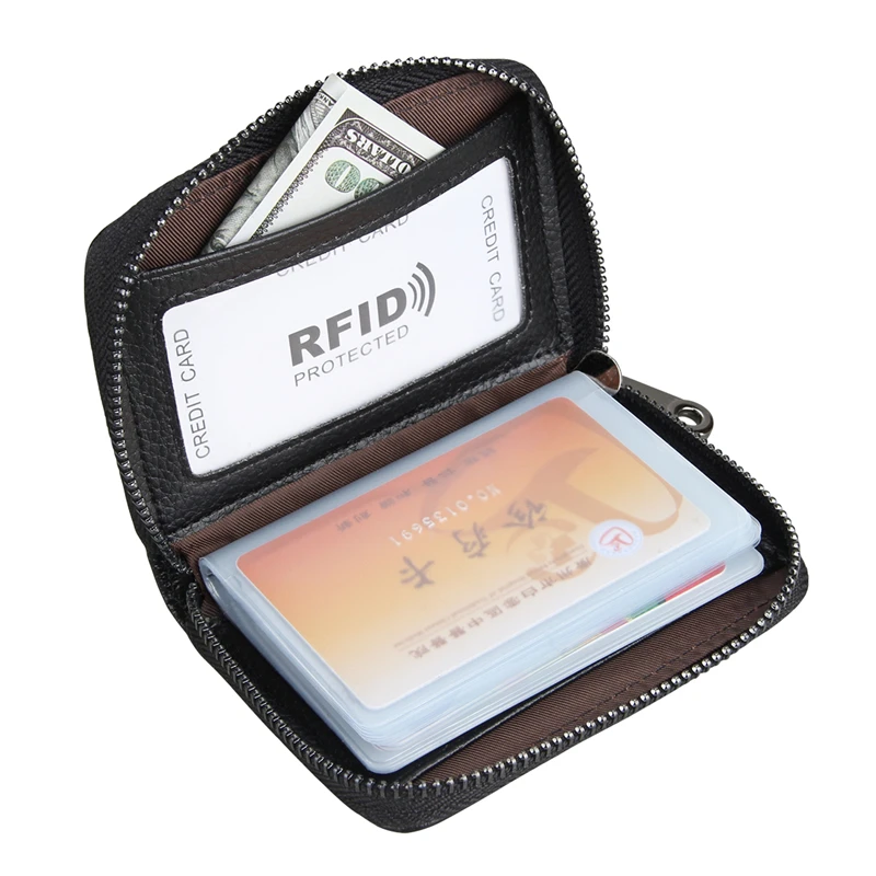 New Genuine Leather Card Bag RFID Blocking Credit Card Holder Men Business Wallet Women Change Organizer Zipper Purse