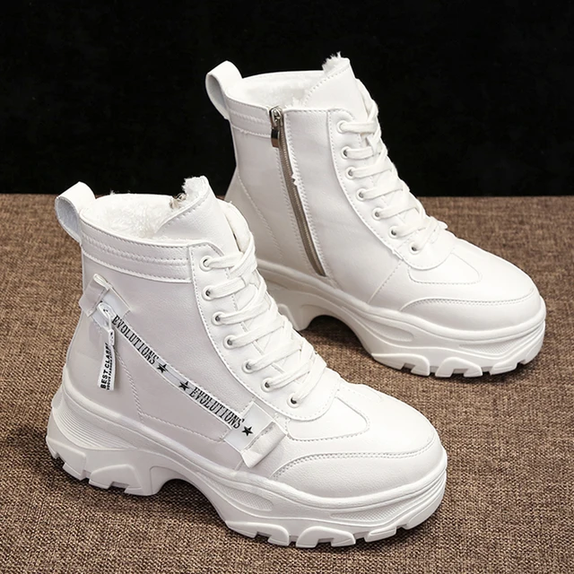 US $33.60 2019 New Platform Winter Boots White Boots Warm Fur Plush Leather Female Chunky Sneakers High Heel 