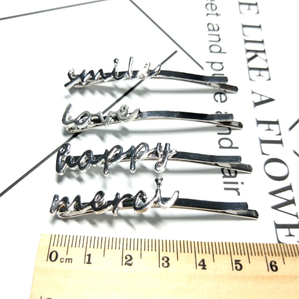 Word Letters Hairpins Smile Happy Merci Love Golden Silver Hair Clips Barrettes Hairgrips for Women Headwear Hair Accessories