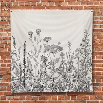 

Floral Border Herbs And Wild Flowers Botanical Engraving Style Black And White Tapestry Home Decor Wall Hanging