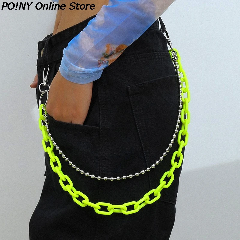 

2 Layer Rock Punk Hook Hip-hop Pants Chain Waist Belt Acrylic Candy Color Metal Silver Chain Belts For Women Trouser Accessories