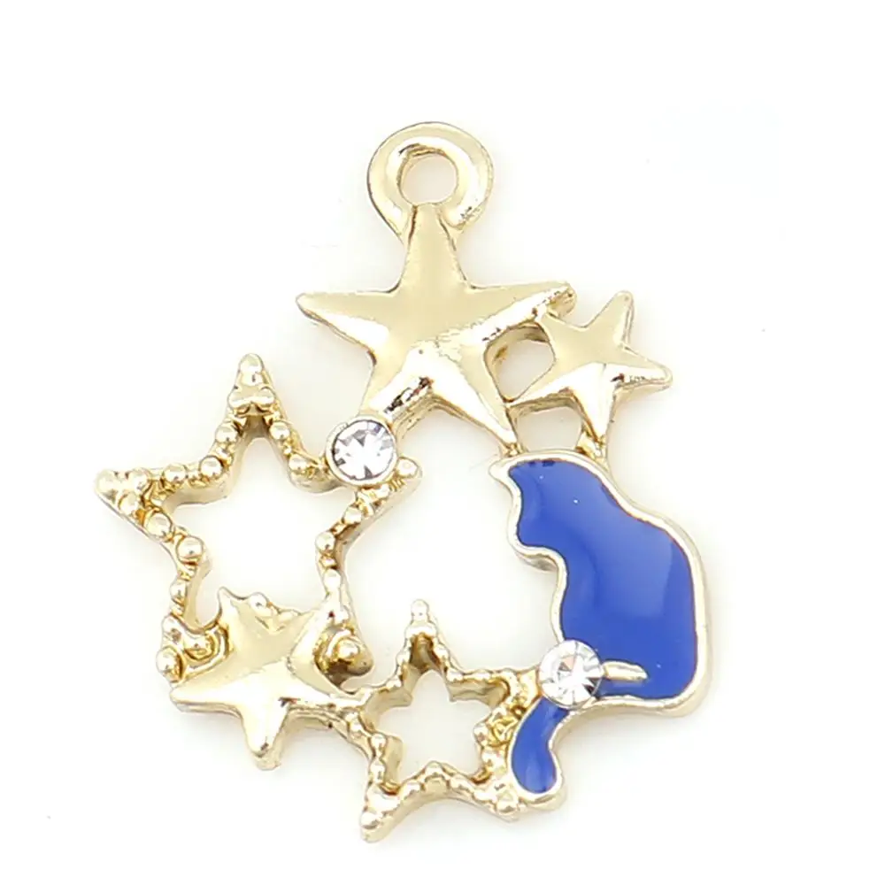 Blue Doreen Box, цинковый сплав, амулеты, нерегулярные Golde Cat Star Стразы, белые/Голубые эмалированные Подвески 21 мм(7/") x 18 мм(6/8"), 10 шт - Окраска металла: Blue