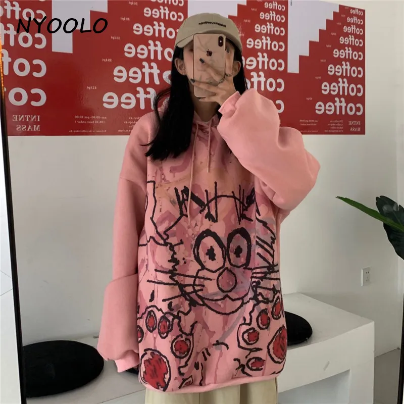 NYOOLO Harajuku уличная кошка принт плюс бархат теплые толстовки осень зима свободный длинный рукав с капюшоном пуловер Толстовка женские топы