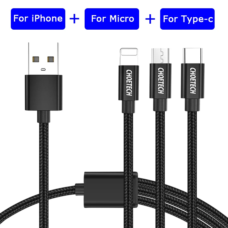 CHOETECH 3 в 1 USB кабель для iPhone samsung Xiaomi Быстрая зарядка Micro USB кабель мобильного телефона usb type C кабель для зарядки - Цвет: Черный