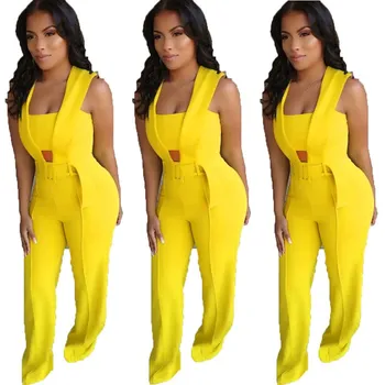

Fashion Cut Out Belt Maxi Rompers Women 2019 Office One Piece Wrap Overalls Loose Trousers Yellow Jumpsuit