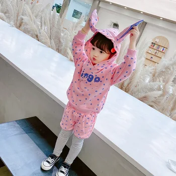 

Girls Polka Dot Big Ear Set 2020 Autumn New Korean Version Hooded Fake Two Piece Two Piece Set