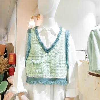 

Autumn New Fashion Women Tweed Tank Vest Sexy V Neck Knitted Camis Sleeveless Cropped Tops Female All Match Tassel Short Vest