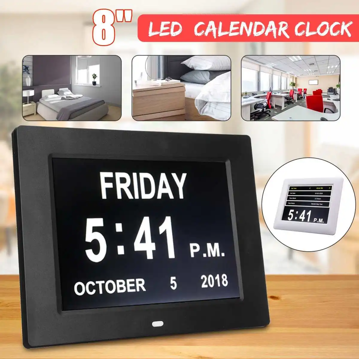 

8 "Inch LCD Digital Clock Calendar Date Day Time Clock Auto Dimming 8 Languages HD Display Reminder Alzheimer'S UK Plug