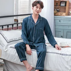 Sleepwear Men Pijamas Set Summer Satin Pajama Pants Turn-down Collar Long Sleeve Spring Home Wear Pure Color Large Size Pyjamas