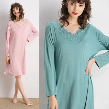 

Autumn Newest Women's Modal Long-sleeved Nightdress Sexy V-neck Lace Design Nightgowns Large Size Loose Style Home Clothes
