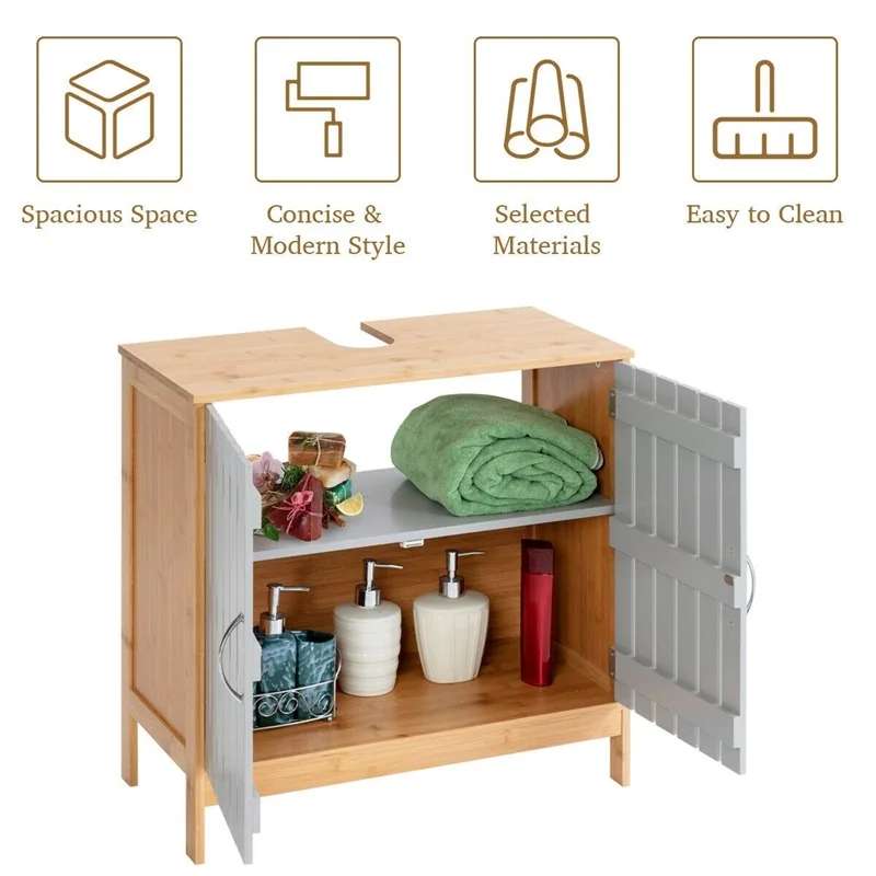 

Bathroom Under Sink Vanity Cabinet Bamboo Freestanding Shelf Cabinet with Two Curved Handles Modern and Concise Design HW60393