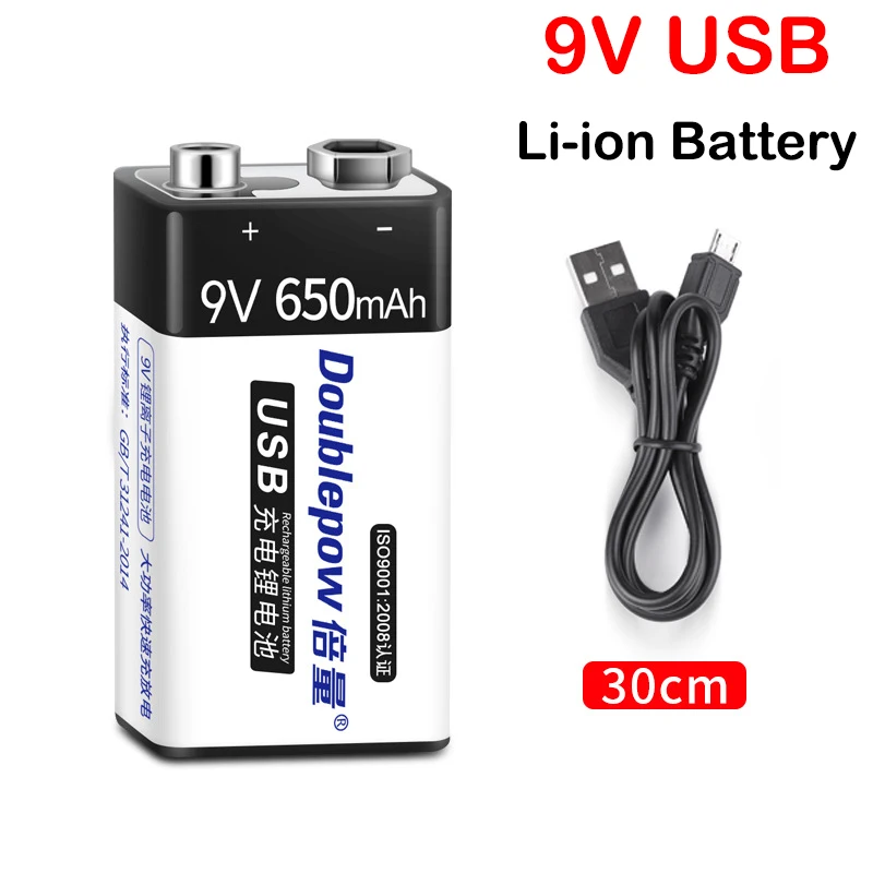 650mAh Micro USB 9V Rechargeable Battery 6F22 9V Li ion Lithium Batteries for Multimeter Microphone Metal Detector Smoke Alarm