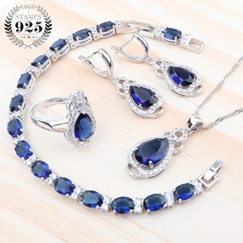 

Blue Cubic Zirconia Silver 925 Bridal Jewelry Sets For Women Wedding Rings/Bracelets/Earrings/Pendant Necklace Set Free Gift Box