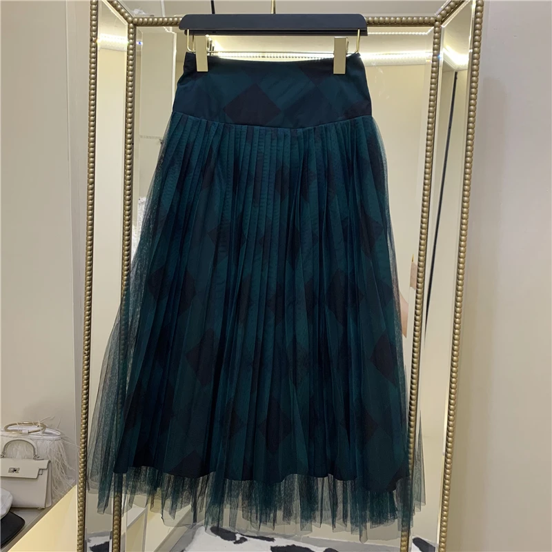 Зимняя женская юбка, новая французская темпераментная элегантная клетчатая юбка с геометрическим рисунком и высокой талией, плиссированная сетчатая юбка, женские юбки