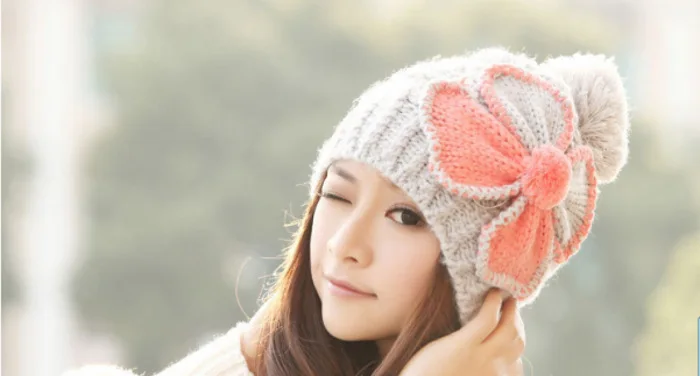 Winter hat female cute ear hat four-leaf grass winter wool hat knitted hat Korean version of autumn and winter - Цвет: Зеленый