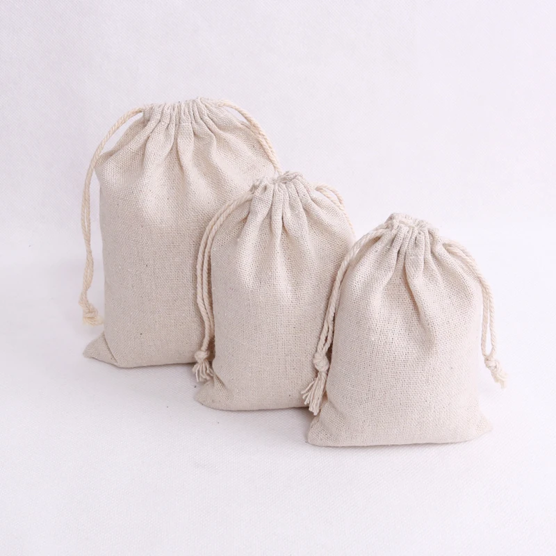 

100pcs/lot Natural Color Cotton Bags Small Party Favors Linen Drawstring Gift Bag Muslin Pouch Bracelet Jewelry Packaging Bags