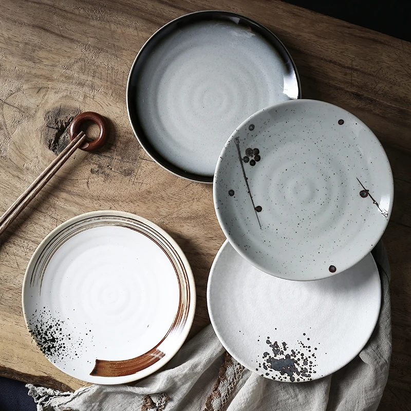 Japanese Ceramic Plant Retro Dinner Plate Home Round Snack Main Dish Steamed Fish Sushi Salad Restaurant Hotel Tableware | Дом и сад