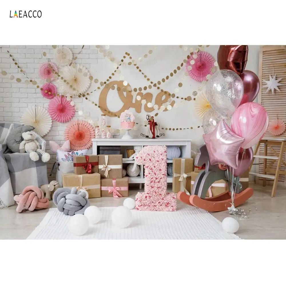 

Laeacco Pink Balloon Gift Trojan Blanket Toy Bear Newborn Baby 1st Birthday Party Photography Backdrop Photo Background Studio