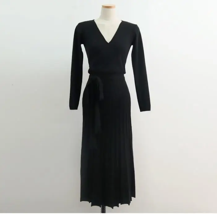 Шикарное женское осенне-зимнее длинное трикотажное Плиссированное Платье женское с поясом ТРАПЕЦИЕВИДНОЕ платье-свитер - Цвет: Black