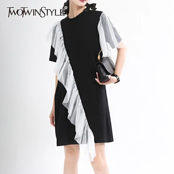 

TWOTWINSTYLE Casual Patchwrok Mesh Women Dress O Neck Short Sleeve Irregular Ruffles Hit Color Dresses Female Fashion Clothing