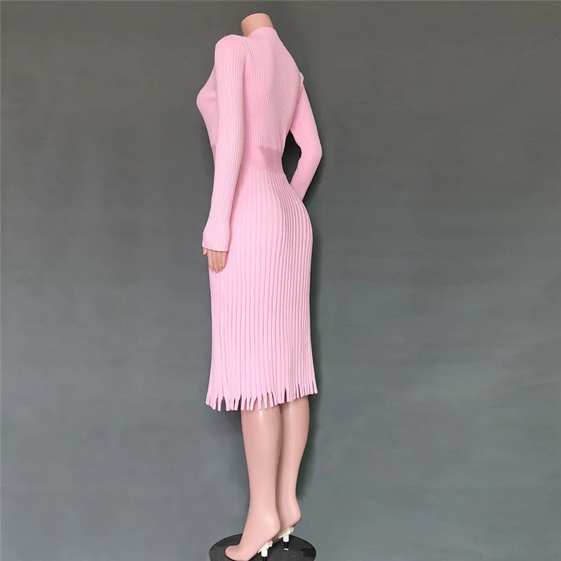 Yuqung женское трикотажное длинное платье-свитер, Осень-зима, женские офисные платья в рубчик, теплые плиссированные платья с длинным рукавом, трикотаж