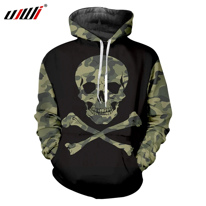 UJWI Splicing 3D Printed Creative Camouflage skull Hoodies Man Hipster Fitness Clothing Men's Spandex High Quality Pullover | Мужская
