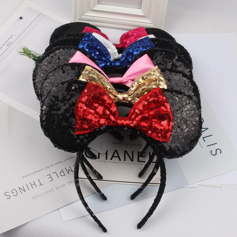 Disney Minnie Mouse Headdress Pretend Play Game Mickey Head Ears Sequin Girls Hair Bands Princess Head Hoop Plush Toys Kid Gift