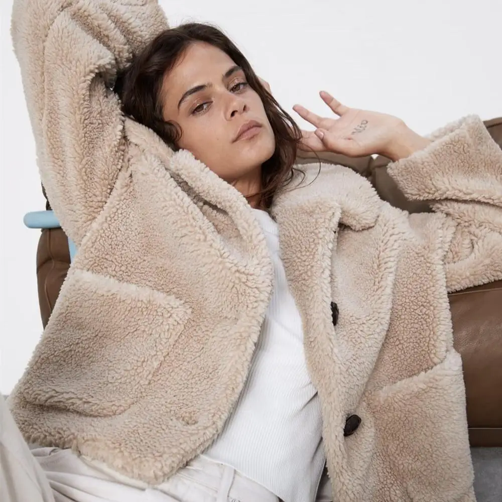 Меховое пальто ZA из овечьей шерсти с отложным воротником женская зимняя толстая