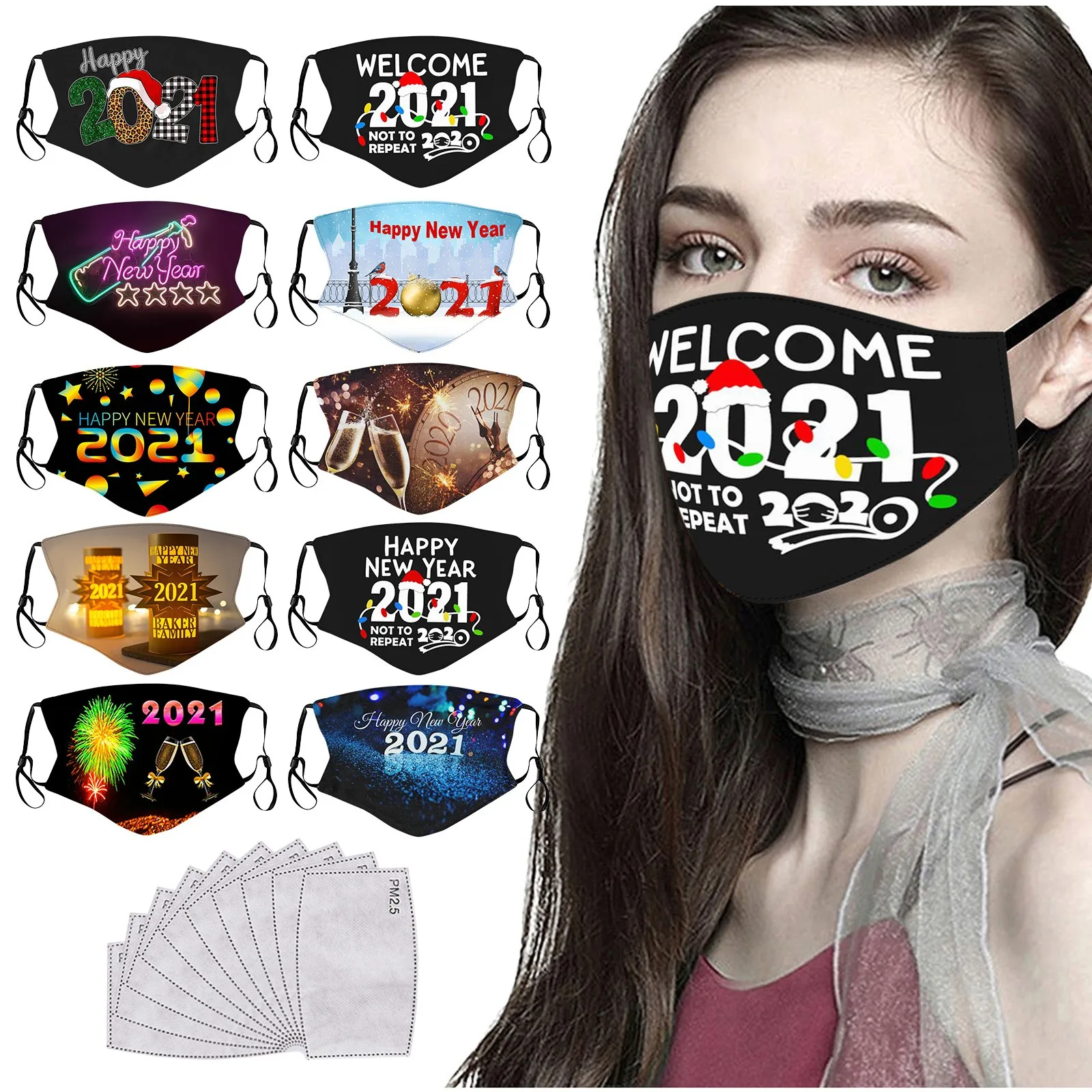 

2021 Happy New Years Washable Reusable Protective Cotton Mouth Nose Protect Safety Survial Products 1PC+10 PC Filters