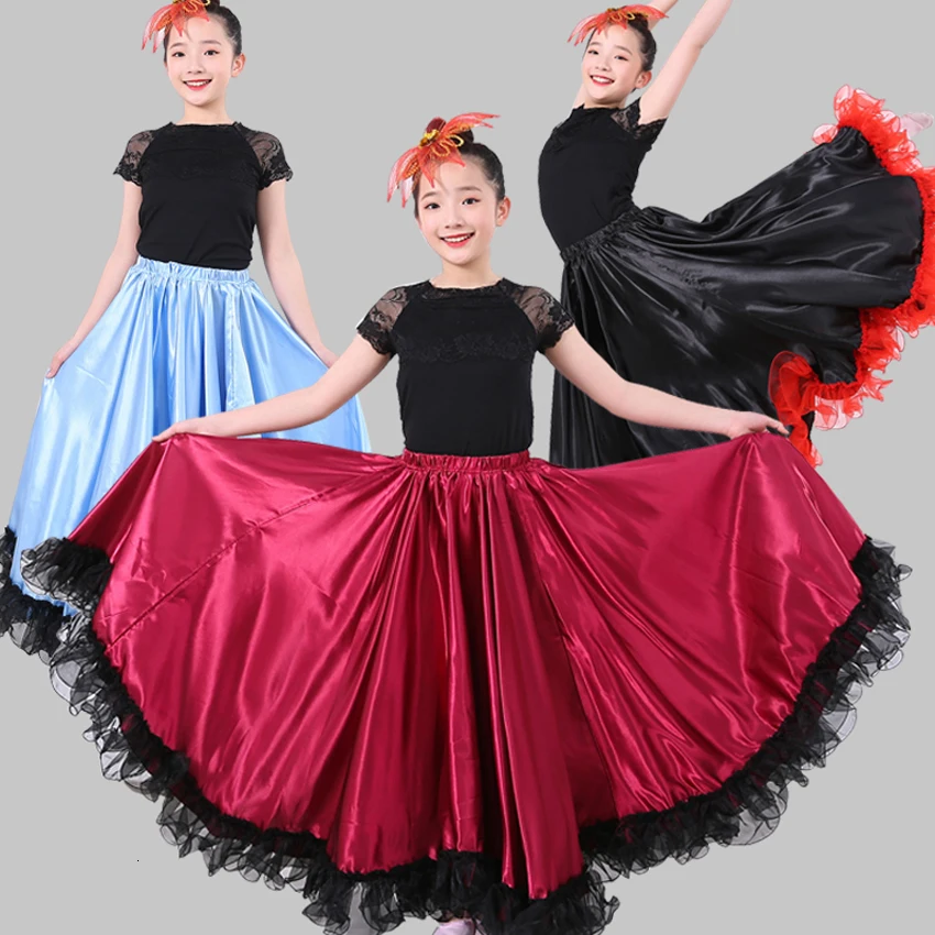 

Team Stage Wear Dance Performance Bellydancing Skirt Kids Girls Gypsy Flamenco Lace Luxury High Quality Ballroom Dance Costumes