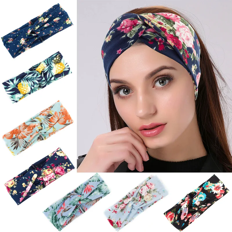

Women Elegant Cross Knotted Headband Flower Print Wide Bandana Elastic Hair Band Head Ties Female Hairband Hair Accessories