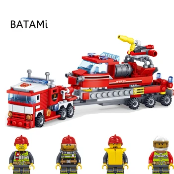 

Model Building Blocks 348pcs Fire Fighting 4in1 Trucks Car Helicopter Boat city Firefighter figures children Toys