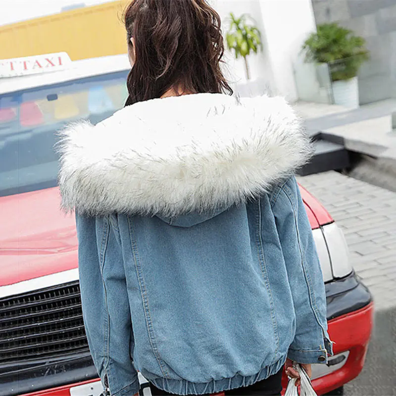 White Fur collar Denim Jacket women clothing warm cotton jeans winter jacket hoodies outerwear parka women coats hooded bomber jackets coat women - Цвет: White Fur collar